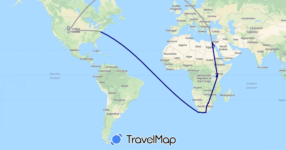 TravelMap itinerary: driving, plane, train, boat in Egypt, Kenya, Turkey, United States, South Africa (Africa, Asia, North America)
